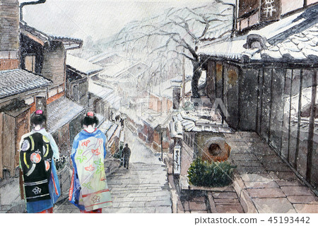 舞妓沿著白雪皚皚的京都三年坂行走的插圖 45193442