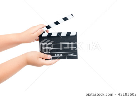 Child holding movie clapper isolated on white 45193602