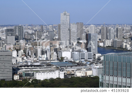日本的東京都市風景我們看封閉的築地市場等的都市風景 45193928