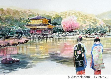 Sketch Of Kinkakuji World Heritage Site Maiko Stock Illustration