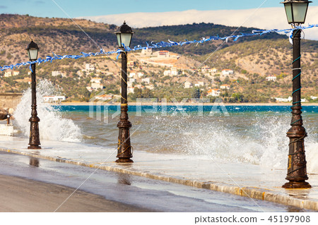 Promenade walking area on seaside in greek resort Promenade walking area on seaside in greek resort 45197908