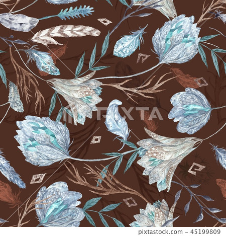 Romantic Boho Chic Watercolor Pattern with Feathers 45199809