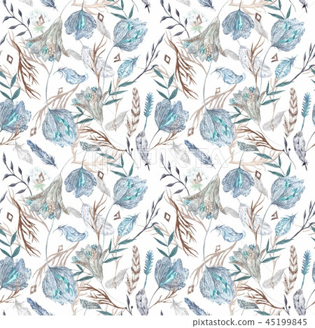 Romantic Boho Chic Watercolor Pattern with Feathers 45199845