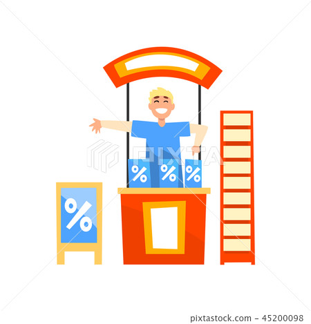 Smiling male promoter character promoting advertisement on a promo stand vector Illustration on a Smiling male promoter character promoting advertisement on a promo stand vector Illustration on a 45200098