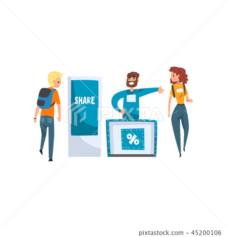 Male promoter character promoting advertisement on a stand, trade show exhibition vector 45200106