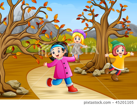 Happy Kids Playing In The Autumn Park Stock Illustration