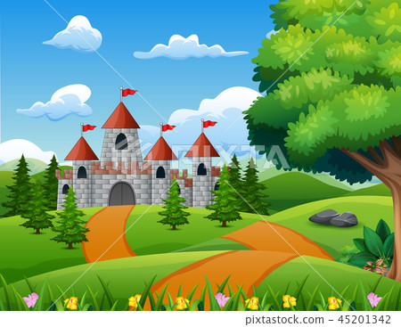 图库插图: cartoon illustration of castle on hill landscape
