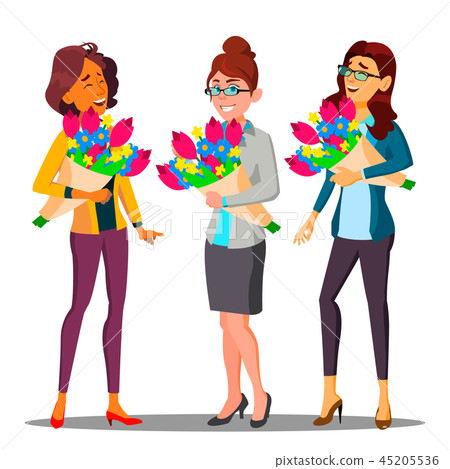 Happy Business Woman In Office With Bouquets Of Flowers Vector. Illustration 45205536