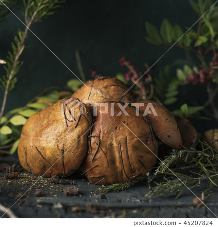 yellow knight mushrooms on a table 45207824