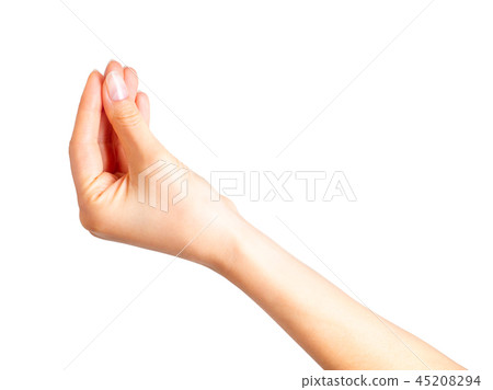 Woman hand holding something with three fingers 45208294