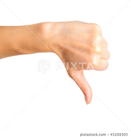 Woman holding hand in gesture of dislike sign 45208305