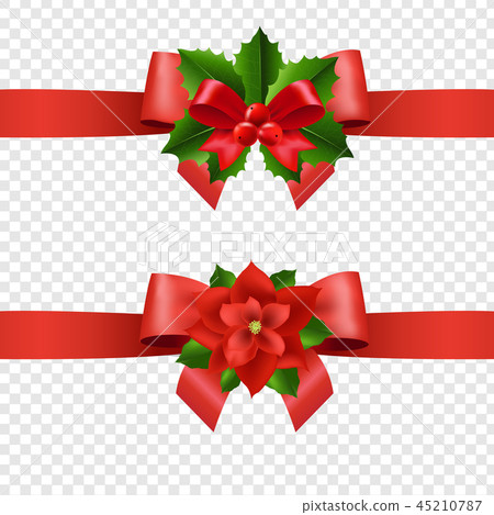 Red Ribbon With Holly Berry And Poinsettia Red Ribbon With Holly Berry And Poinsettia 45210787