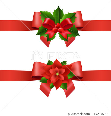 Red Ribbon With Holly Berry And Poinsettia Red Ribbon With Holly Berry And Poinsettia 45210788