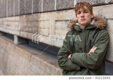 Young Man Male Teenager Boy Wearing Green Parka 45211643