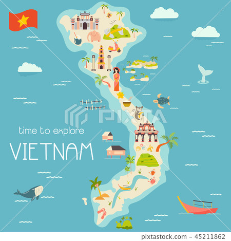 Vietnam Cartoon Map With Destinations Elements Stock Illustration