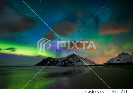 Aurora borealis northern lights. Lofoten islands, Norway 45212113