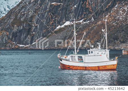 Ship in Hamnoy fishing village on Lofoten Islands, Norway Ship in Hamnoy fishing village on Lofoten Islands, Norway 45213642