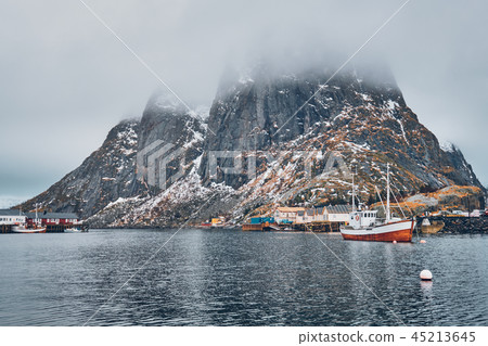 Ship in Hamnoy fishing village on Lofoten Islands, Norway Ship in Hamnoy fishing village on Lofoten Islands, Norway 45213645