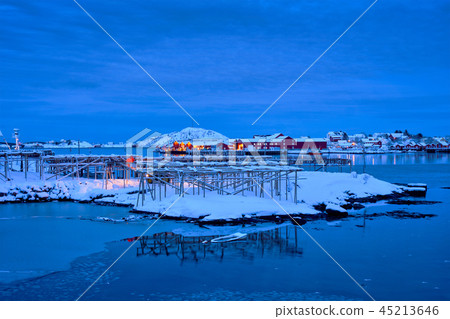 Reine village at night. Lofoten islands, Norway Reine village at night. Lofoten islands, Norway 45213646