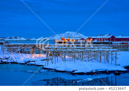 Reine village at night. Lofoten islands, Norway Reine village at night. Lofoten islands, Norway 45213647
