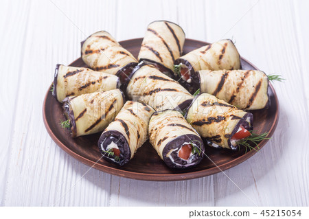 Grilled eggplant aubergine rolls with cream cheese 45215054