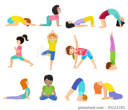 Yoga kids vector young child yogi character training sport exercise illustration healthy lifestyle 45221785