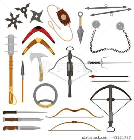 Throwing weapon vector crossbow sharp arrows and knife or axe illustration weaponry set of ninja 45221787