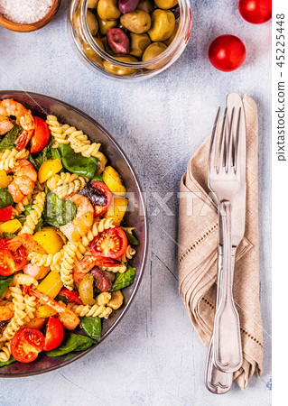 Fusili pasta salad with shrimps. 45225448