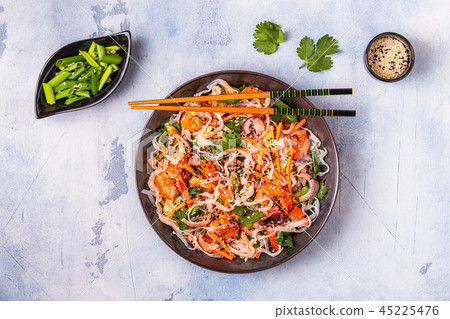 Asian salad with rice noodles, shrimp, vegetables 45225476