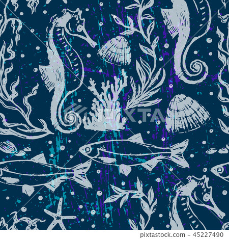 Ink hand drawn seamless pattern with night sea life scene Ink hand drawn seamless pattern with night sea life scene 45227490