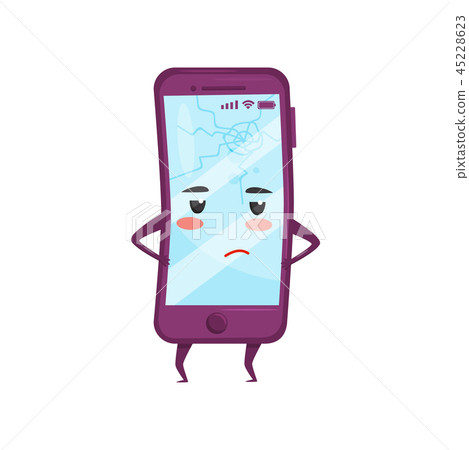 Humanized mobile phone with sad face. Smartphone with cracked screen. Broken display. Cartoon Humanized mobile phone with sad face. Smartphone with cracked screen. Broken display. Cartoon 45228623