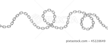 3d rendering of a single curved polished steel chain lying on a white background. 45228649