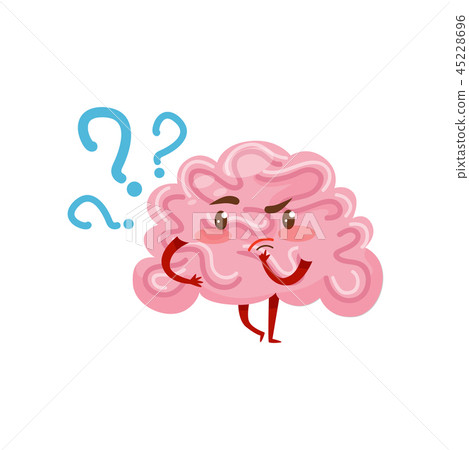 Pink humanized brain with pensive face expression. Human organ. Cartoon character. Flat vector for 45228696