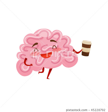 Humanized brain laughing and holding plastic cup of coffee. Funny cartoon character. Human organ Humanized brain laughing and holding plastic cup of coffee. Funny cartoon character. Human organ 45228702
