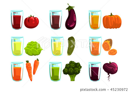 Vegetable juices set, carrot, broccoli, , eggplant, zucchini, tomato, cucumber, beetroot and pumpkin 45230972