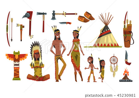 Native american indians and traditional clothes set, weapons and cultural symbols vector 45230981
