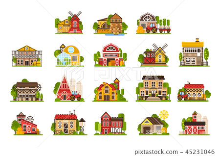 Farm houses and buildings set, agriculture industry and countryside constructions vector 45231046