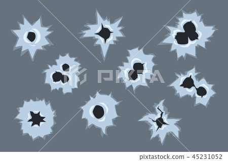 Bullet holes with white cracks and scratches, bullet marks on glass vector illustration on gray 45231052