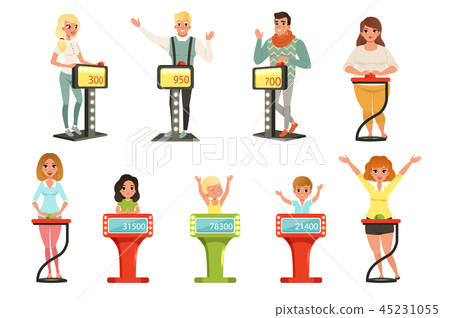 People taking part at quiz show set, players answering questions standing at stand with buttons People taking part at quiz show set, players answering questions standing at stand with buttons 45231055