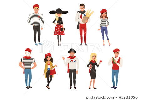 French male and female characters, people dressed in traditional Parisian style vector Illustrations 45231056
