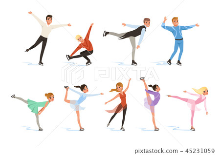 Figure skating set, professional athletes skating in motion on ice vector Illustrations on a white 45231059