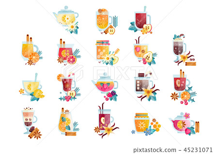 Hot drinks with fruits, berries, spices and herbs set, vitamin healthy drinks vector Illustrations Hot drinks with fruits, berries, spices and herbs set, vitamin healthy drinks vector Illustrations 45231071
