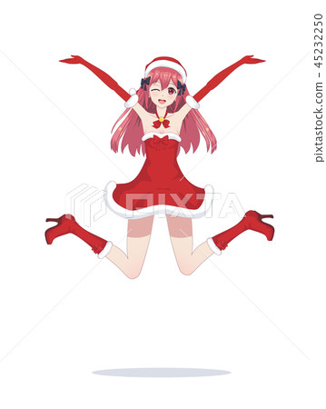 Joyful anime manga girl as Santa Claus in a jump - Stock