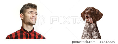 Emotional Portrait of a man and his dog, concept of friendship and care of man and animal Emotional Portrait of a man and his dog, concept of friendship and care of man and animal 45232889