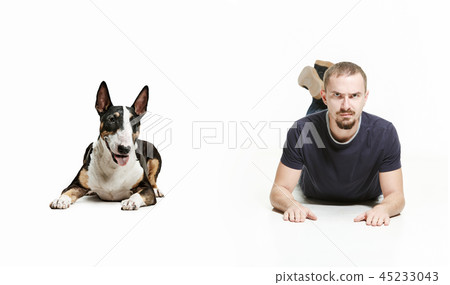 Emotional Portrait of a man and his shepherd dog, concept of friendship and care of man and animal 45233043