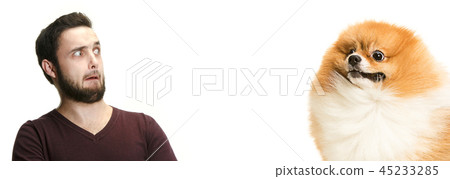 Emotional Portrait of a man and his dog, concept of friendship and care of man and animal Emotional Portrait of a man and his dog, concept of friendship and care of man and animal 45233285