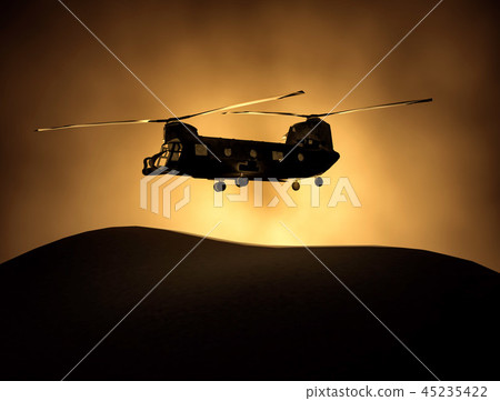 Silhouette of transport helicopter, soldiers rescue copter operations on sunset sky background Silhouette of transport helicopter, soldiers rescue copter operations on sunset sky background 45235422