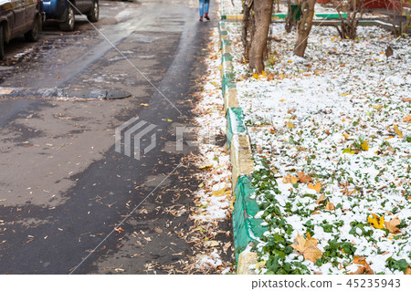 road and lawn covered by the first snow in city 45235943