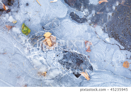 broken ice crust on frozen puddle in autumn broken ice crust on frozen puddle in autumn 45235945