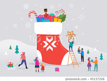 Merry Christmas, winter scene with a big red sock with gift boxes and small people, young men and Merry Christmas, winter scene with a big red sock with gift boxes and small people, young men and 45237208